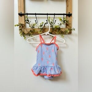 Blue and White Striped One Piece Swimsuit with Coral Ruffles and Seahorses!